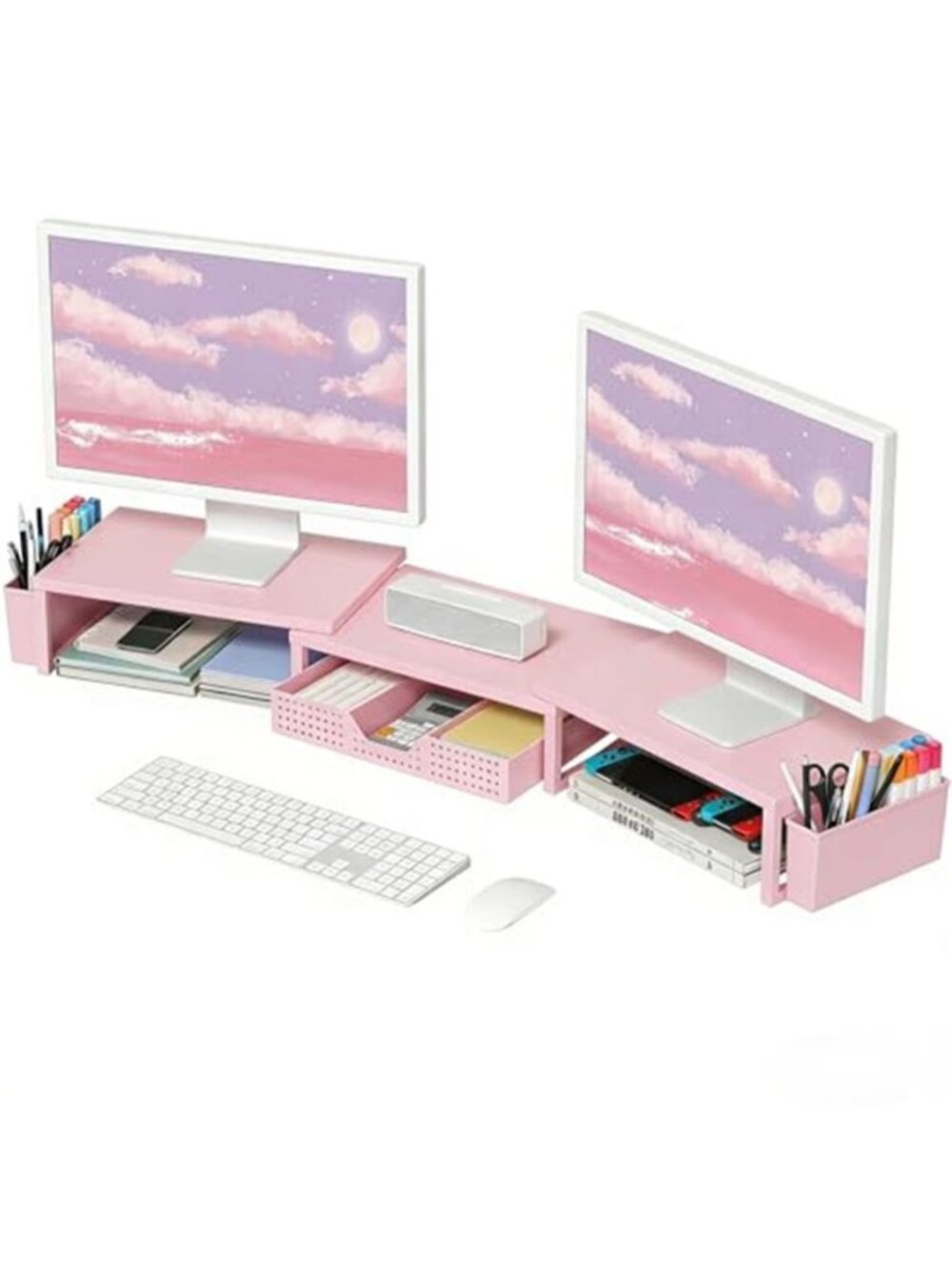 Dual Monitor Stand Riser Desk Organizer Wood Metal Shelf Drawer Storage Laptop